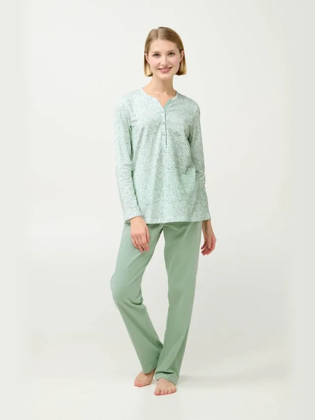 Vamp! Vamp - Dames pyjama katoen fleece – groene zebra-print top en effen broek