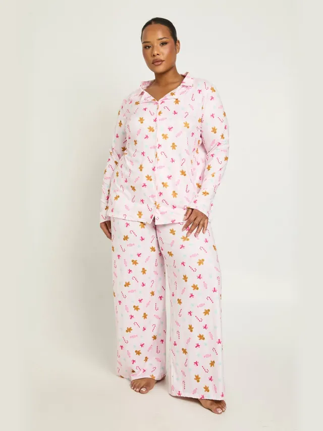 boohoo Dames Plus Peperkoekmannetje Print Lange Mouw Shirt En Broek Pyjama Set Roze