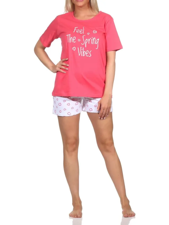 Normann dames pyjama shorty korte mouw, pyjama broek in hartjeslook pink
