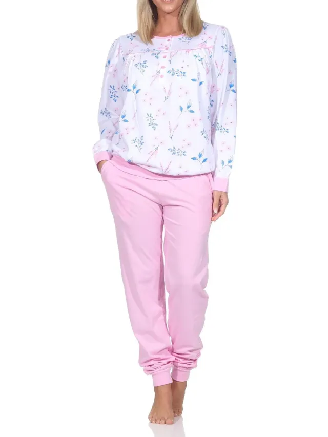 Normann damespyjama met lange mouwen en manchetten in klassieke look rosa