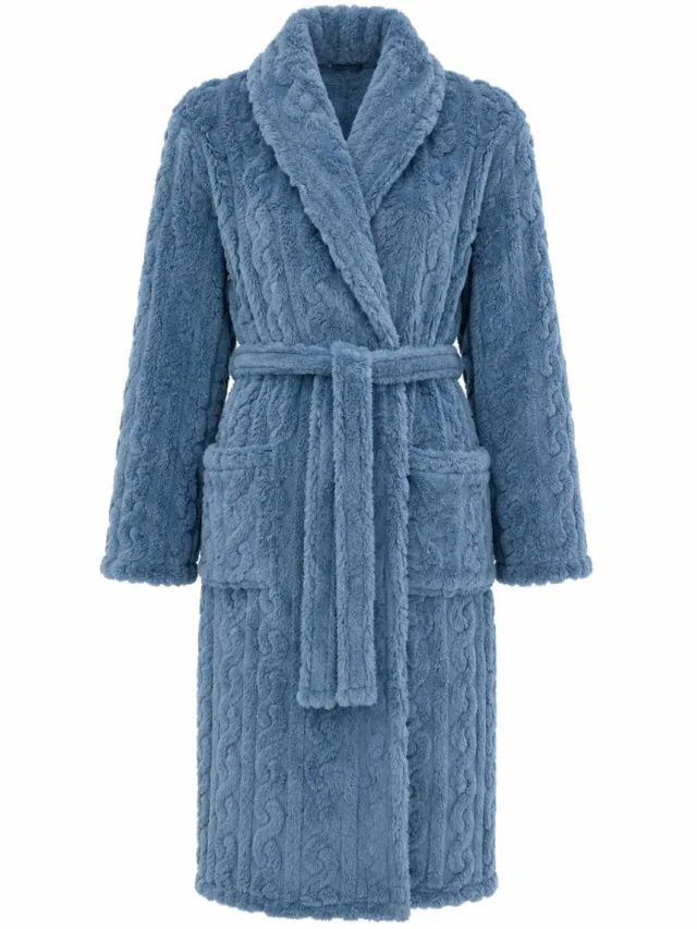 Cocodream Collections Badjas dames fleece met kabelpatroon - ochtendjas dames - blauw jeansblauw