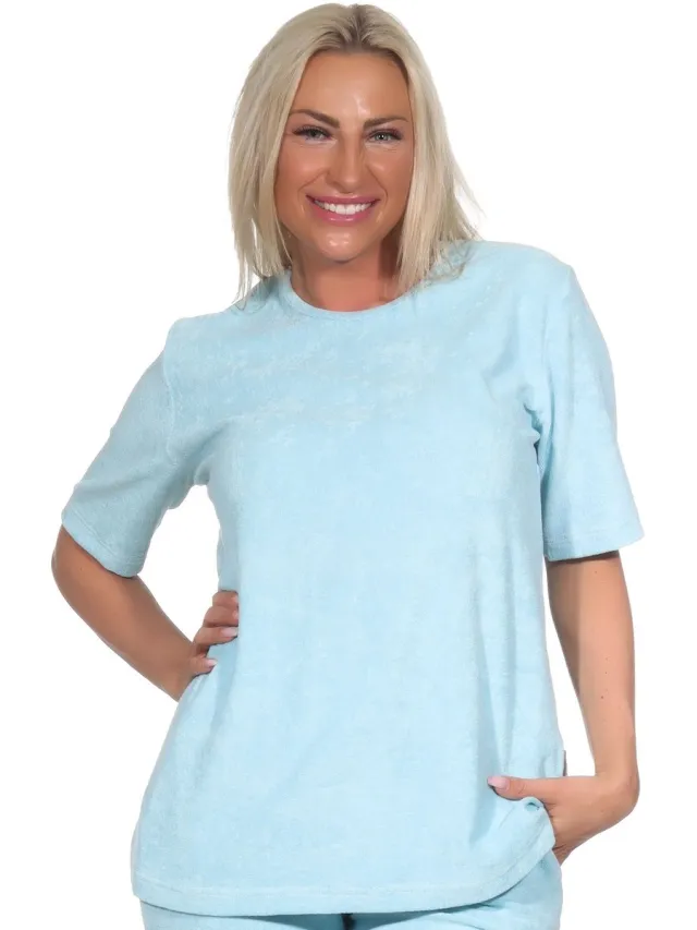 Normann Badstof Dames pyjama shirt met korte mouwen mix & match hellblau