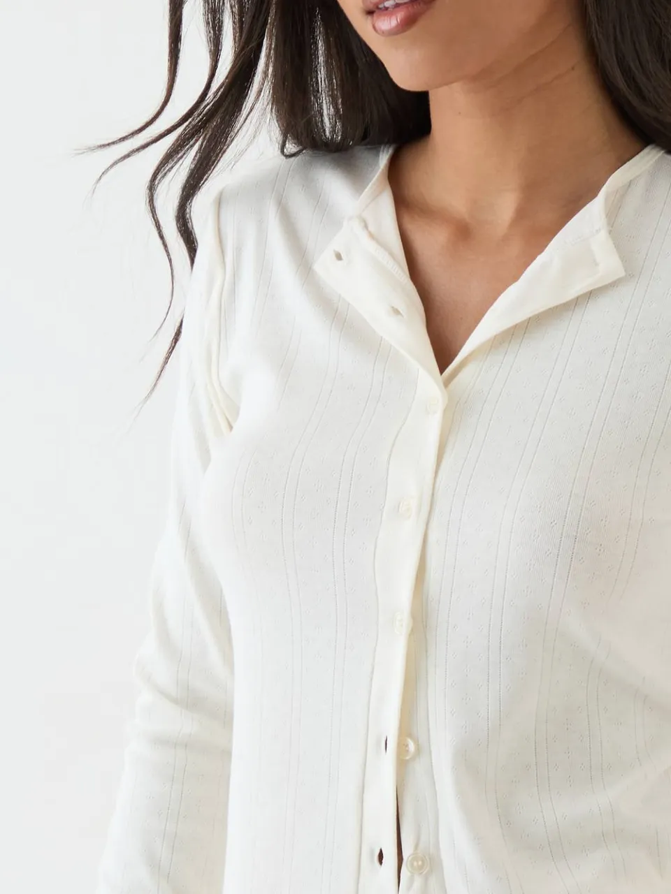 Dames Dsgn Studio Pointelle Top Met Knoopsluiting En Lange Mouwen crème, foto 5