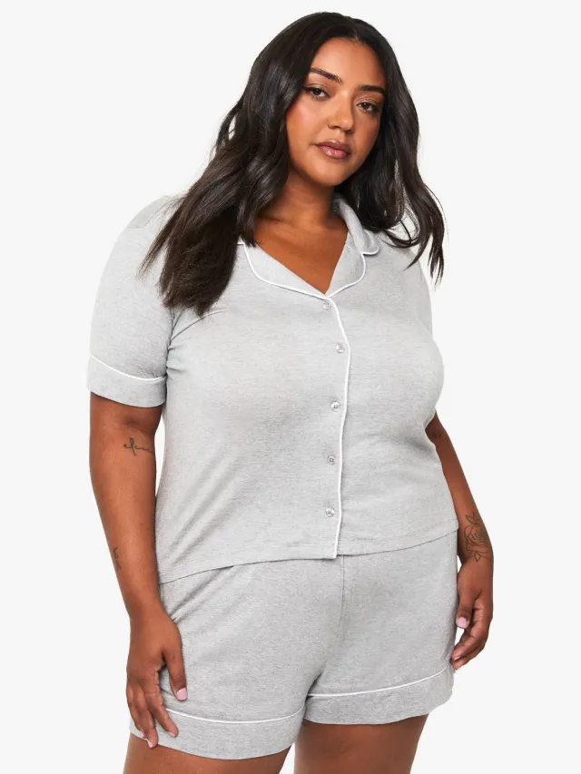 boohoo Dames Plus Super Soft Modal Kort Mouw Shirt & Korte Pyjama Set Grijze Mergel