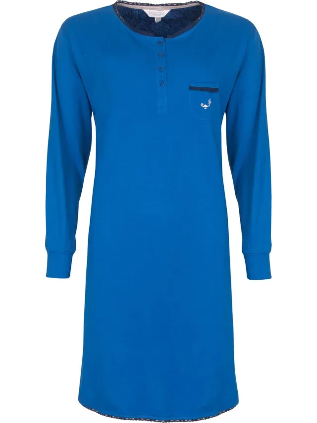 Tenderness Dames Nachthemd - Polo Sluiting - Katoen - Blauw