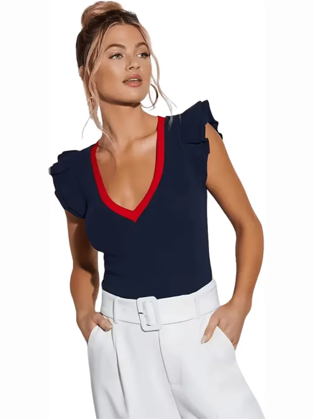 Currero Topje Dames - Top Kleding - Shirt - Blouse - Kort - Volwassen - Blauw Rood
