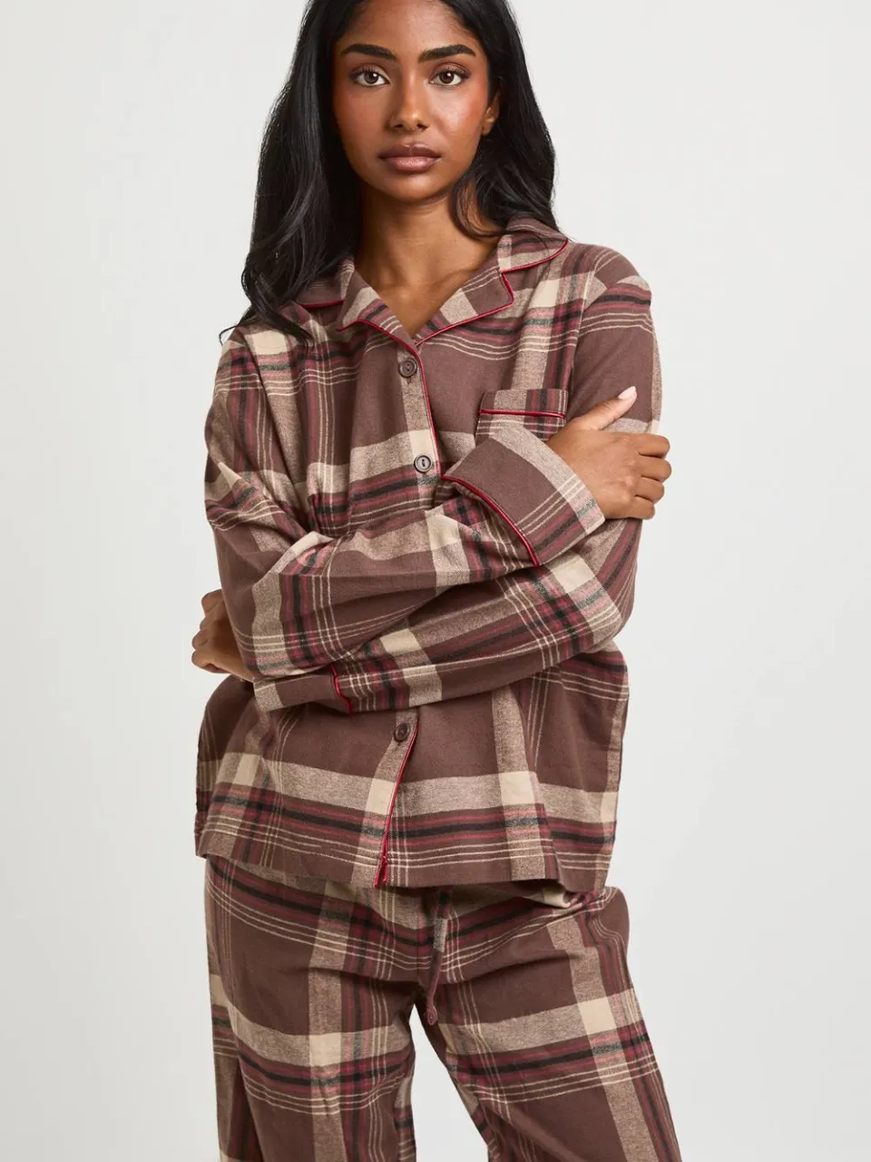 boohoo Dames Kerst Geborsteld Geruit Pyjama Set Met Shirt Met Lange Mouwen En Broek chocoladebruin, foto 4
