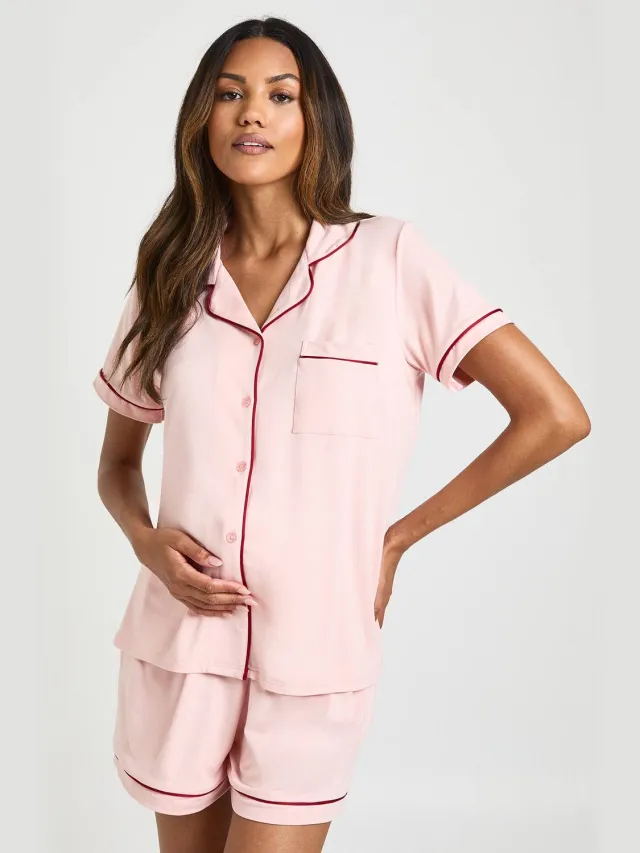 boohoo Dames Zwangerschaps Jersey Pyjama Met Biesjes Korte Mouw En Short Baby Roze