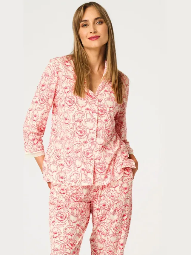 Key Katoenen Dames Pyjama Driekwart Mouw Zomer Bloemenprint Ecru Rood LNS 566 38 /