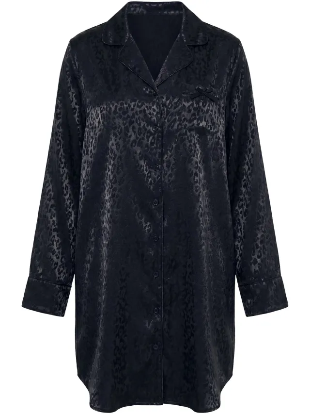 TruYou Dames - TruYou nachthemd luipaardprint reverskraag lange mouwen - Zwart - Maat 42+