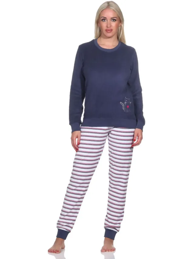 Normann Dames badstof pyjama, broek gestreept, top met schattig dierenmotief - ook in oversize marine