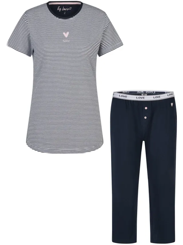 By Louise Dames Korte Mouwen Capri Pyjama Set Lang Donkerblauw Gestreept