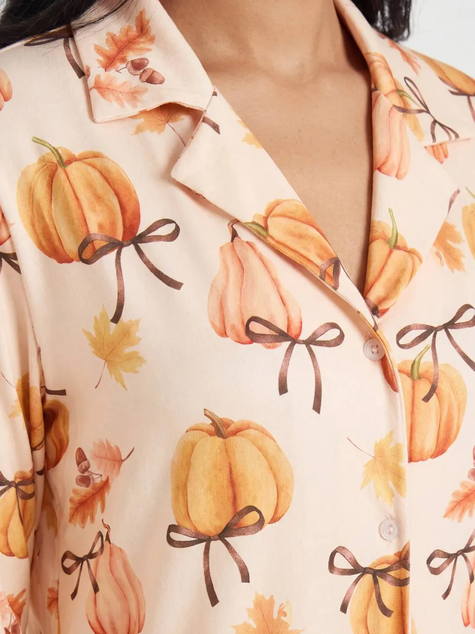boohoo Dames Herfst Pyjama Set Met Pompoen En Strik Print Lange Mouw & Broek perzik, foto 2