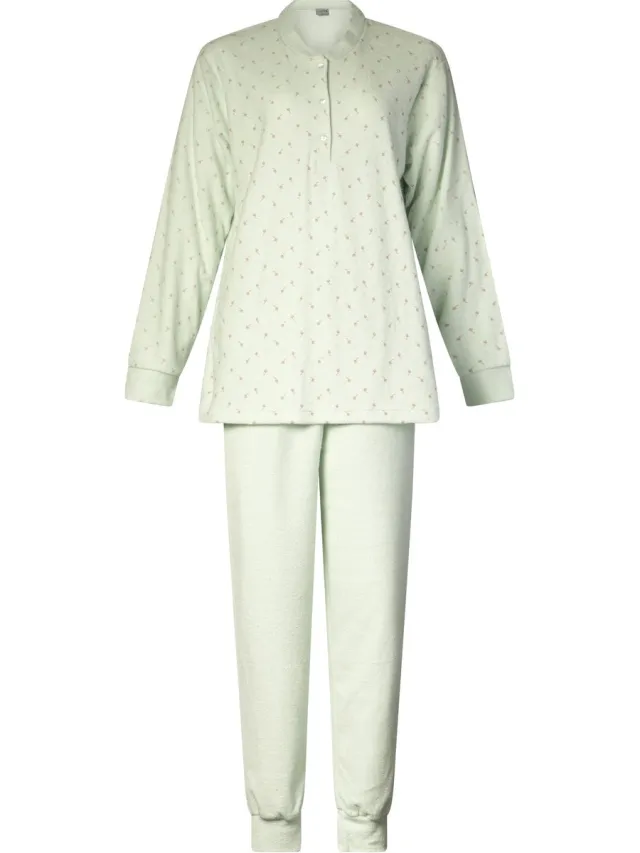 Lunatex warme dames pyjama 124250 - aangeruwd badstof - groen