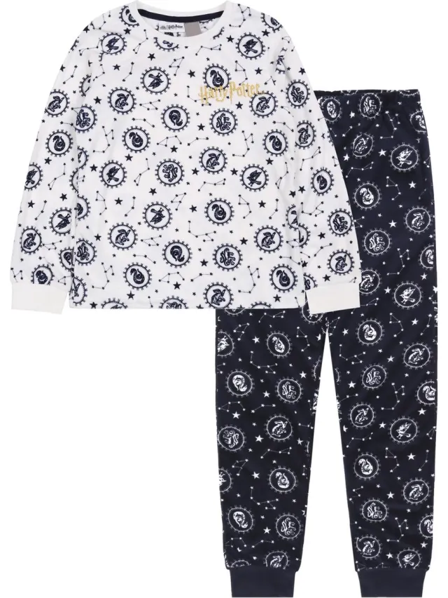 Harry Potter Girls velours pyjama met lange mouwen, wit en marineblauw / 110-116