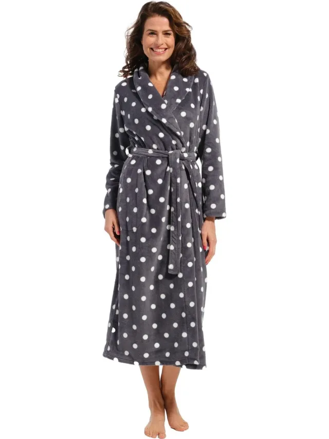 Pastunette Dames Badjas Fleece - Grey Dots - S - Grijs
