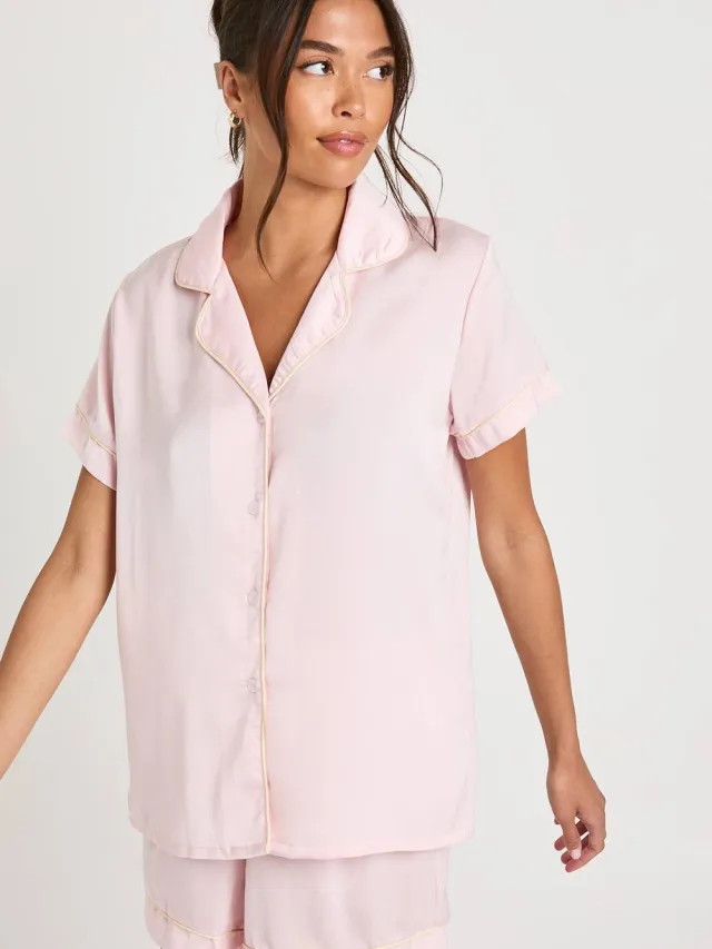 boohoo Dames Satijn Piping Detail Korte Mouwen Overhemd & Shorts Pyjama Set baby roze, foto 3