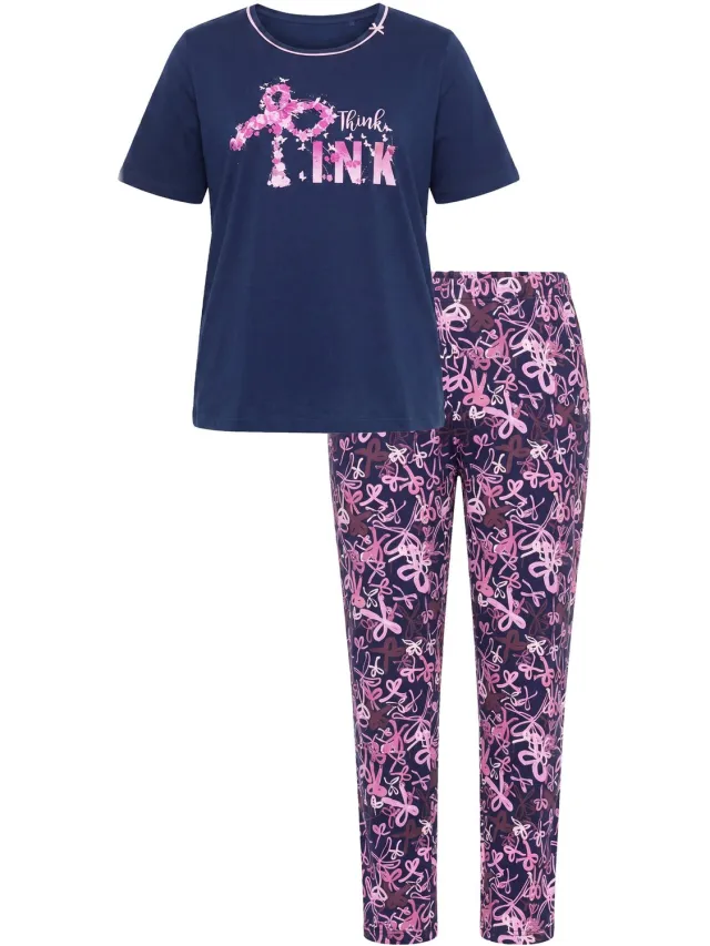 Ulla Popken Dames - Pyjama strikjes ronde hals lange mouwen - Nachtblauw - Maat 54+