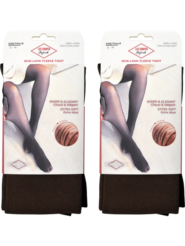 Lee Cooper 2x Fleece thermo panty - LEE COOPER - warme gevoerde panty - beige/zwart - super zacht bruin/zwart