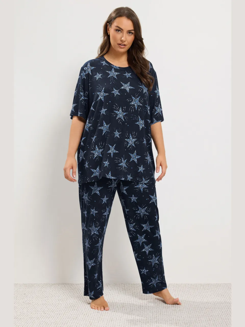 Yours Marineblauwe Zacht Aanvoelende Pyjamaset Met Sterren En Wijde Pijpen-60 Blue