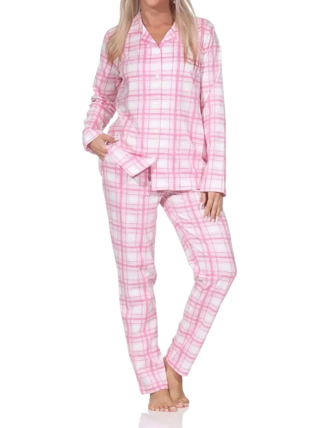 Normann dames jersey pyjama lange mouw knoopsluiting in ruitlook - ook in grote maten rosa