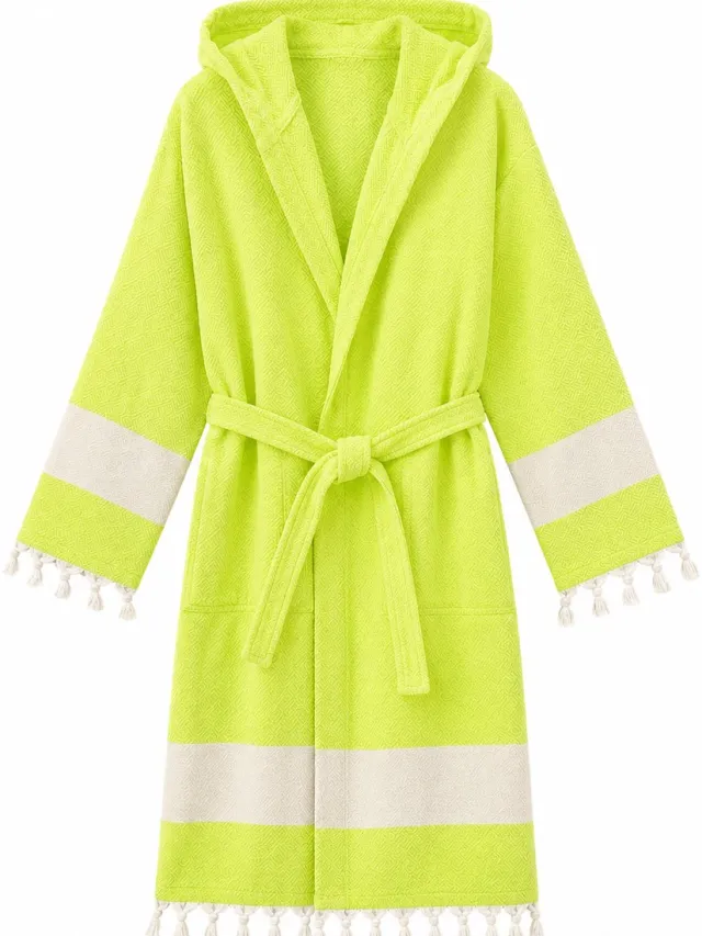 FABRIC BOX Badjas Dames & Heren – 100% Katoen – Hamam Peshtemal Badjas – Met Capuchon & Sjaalkraag – Franjes – Absorberend & Lichtgewicht – Halflange Badjas – Sauna, Spa & Wellness neongroen