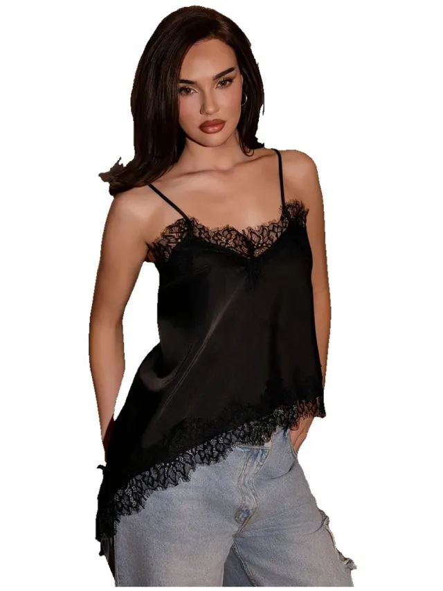 Currero Top Met Kant Dames - Topje - Kleding - Shirt - Blouse - Kort - Volwassen - Zwart