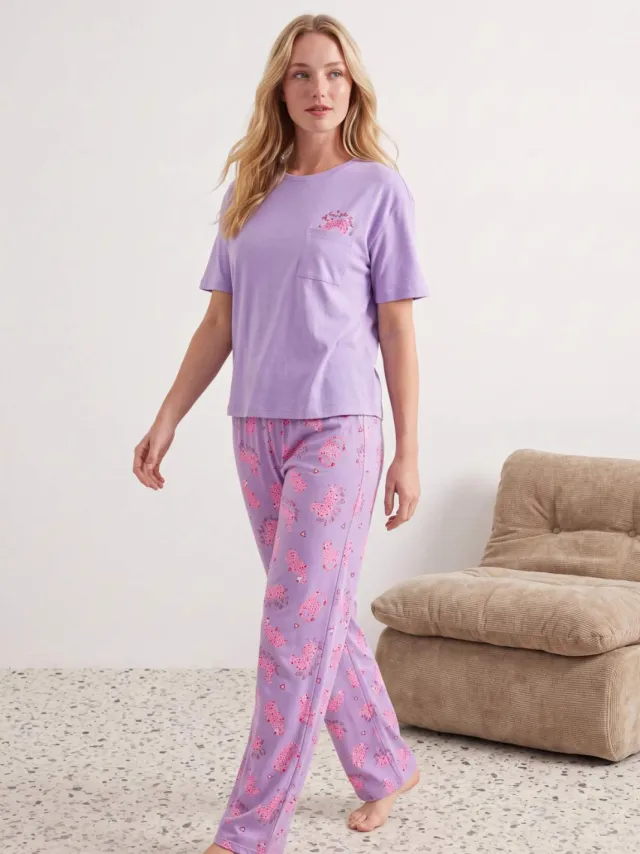Trendyol TRENDYOLMİLLA Dames 2-pack Paars Animal print Kort Loungewear Regular fit Pyjama- Sets Lila