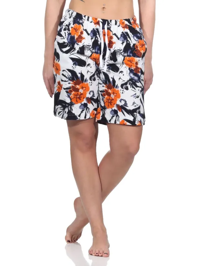 Normann Dames Shorty Pajama Broek - Mix & Match - bloemenlook - perfect te combineren oranje