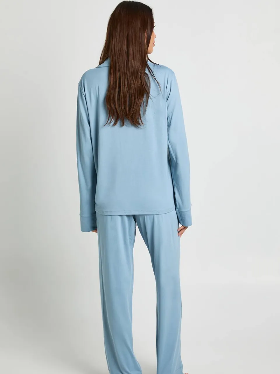 boohoo Dames Zachte Touch Button-Through Overhemd en Broek Pyjamaset stoffig blauw, foto 2