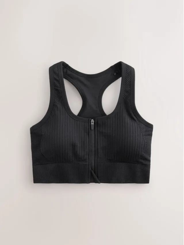 Next Dames - Naadloze sportbeha met ritssluiting aan de voorkant en gemiddelde ondersteuning - Zwart Black