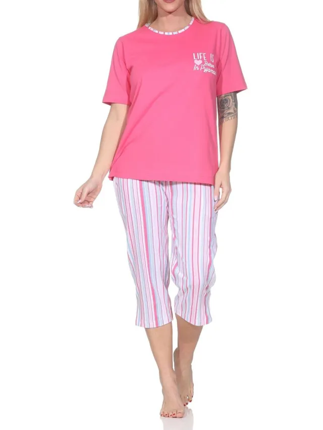 Normann dames capri pyjama met korte mouwen in elegante strepenlook – ook in grote maten pink
