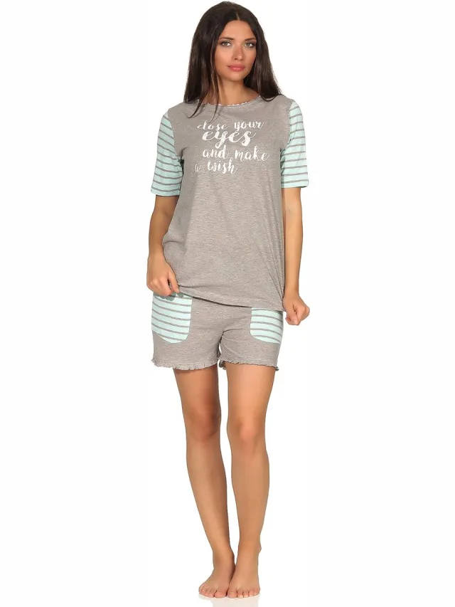 Normann Casual damespyjama met korte mouwen in collegelook met opdruk en contrasterende mouwen grau