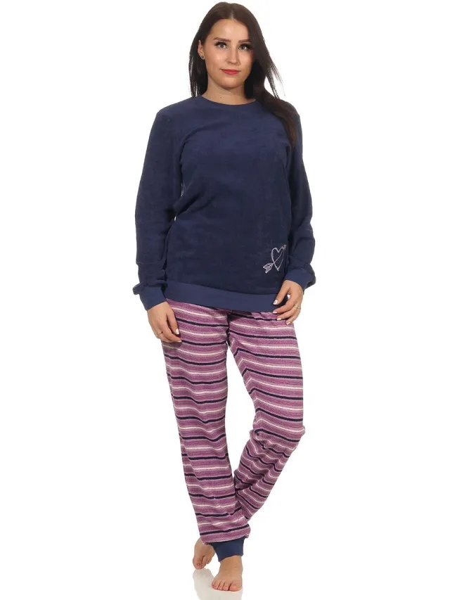 Normann Dames badstof pyjama met manchetten - ijskristalmotief - 291 201 13 901 marine