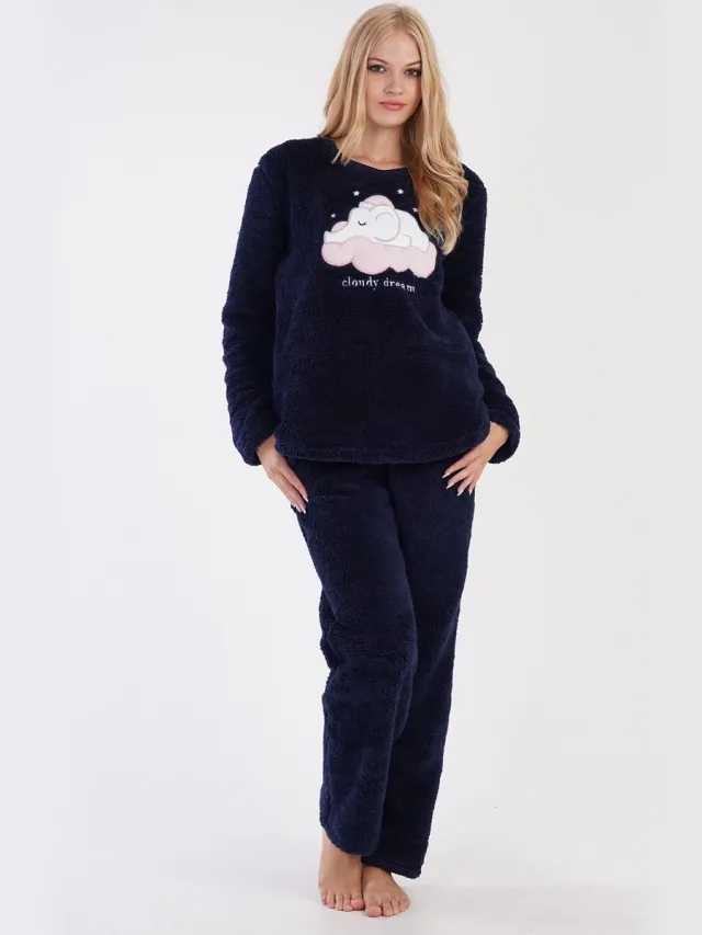 Vienetta Dames Zachte Pluche Pyjama Set, Lange Mouwen donkerblauw