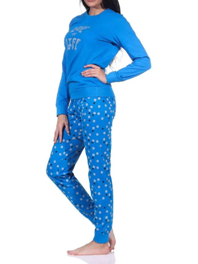 Normann dames pyjama met lange mouwen en manchetten in hartjes-polkadot-look blau