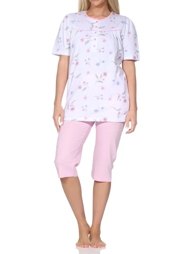Normann dames vrouwelijke korte mouwen capri pyjama in klassieke look – ook in grote maten rosa