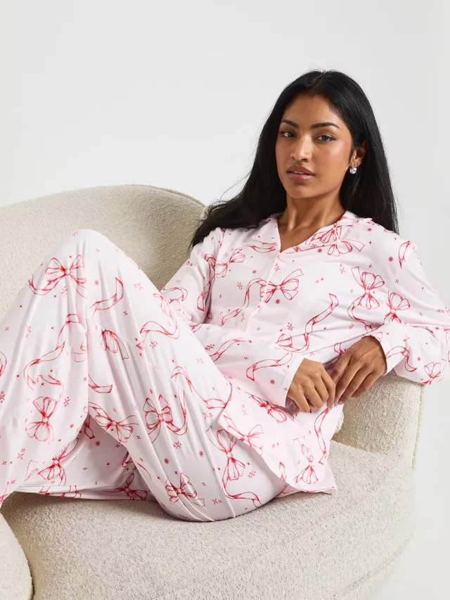 boohoo Dames Boogprint langarmig shirt & broek pyjama set baby roze, foto 2