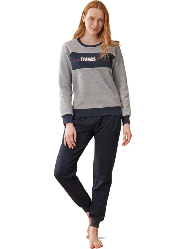 Feyza Dames Pyjama Set, Lange Mouwen, Grijs