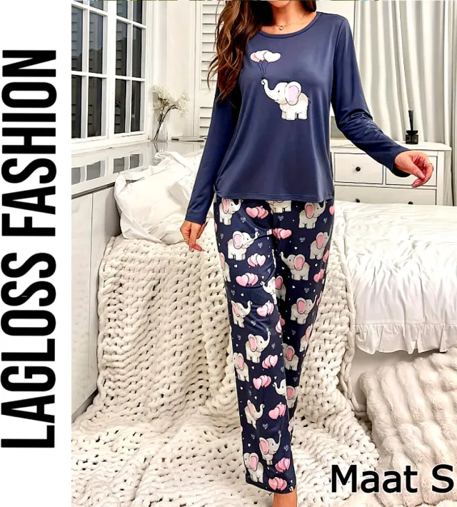 LaGloss Dames Pyjama Set met Schattige Olifanten – Zacht Lounge- & Huispak Lange Mouwen All Season – Blauw