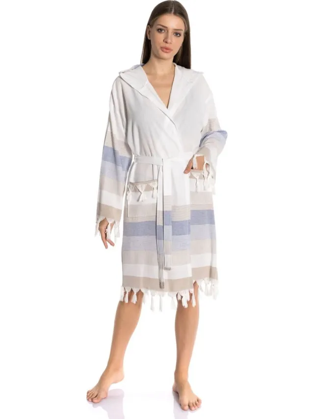 Lubna Home Dames Badjas Small -Ochtend Badjas Small-Hamam Badjas stof-Small -Blauw wit