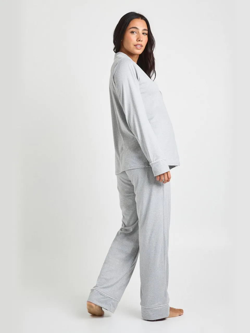 boohoo Dames Zwangerschaps pyjamaset met pijpdetail: lange mouwshirt & broek grijze mergel, foto 2