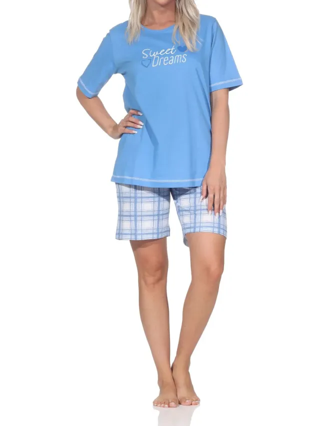 Normann damespyjama shorty met geruite jersey pyjamabroek - ook in grote maten blau