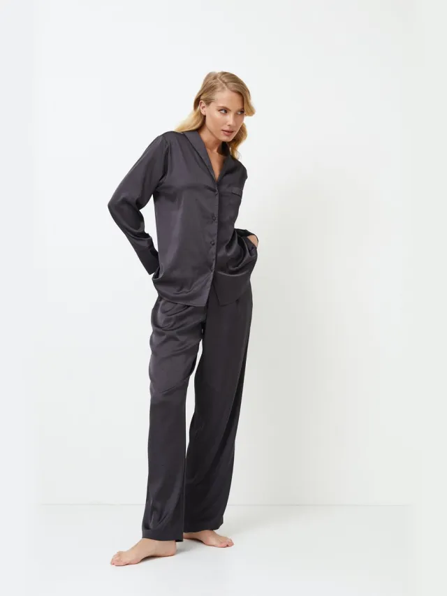 Aruelle Dames pyjama Agatha-lange mouw-lange broek-zwarte biezen-donkergrijs