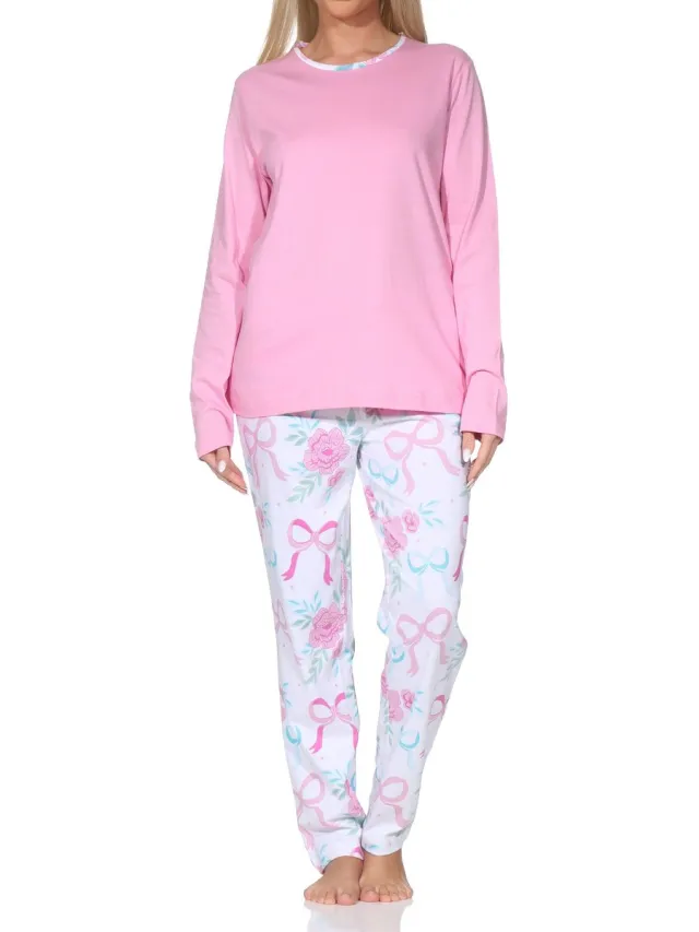 Normann dames lange pyjama in een stijlvolle look met strikken als motief pink