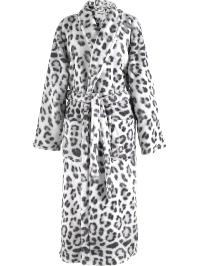iSleep Badjas - Sneeuwluipaard Print - Zachte Fleece - Lang Model - Grijs Grijs/Wit