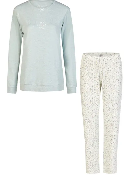 By Louise Dames pyjama set lang interlock groen/wit gebloemd