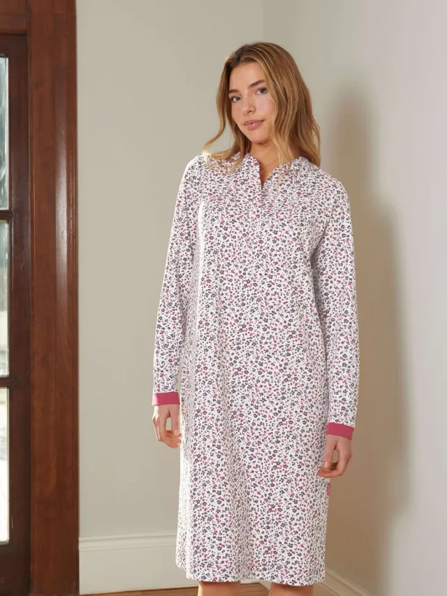 Barandi Dames Slaapkleed met Lange Mouwen – Katoen – Dierenprint Wit/Roze