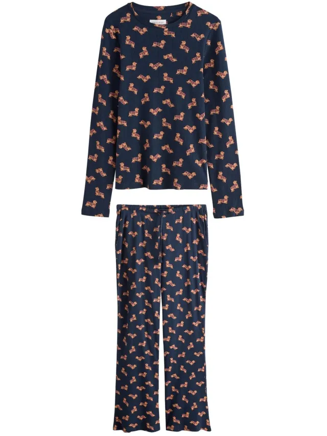Next Dames - Ajourgebreide pyjama met lange mouwen en uitlopende pijpen - Blauw Navy Dachshund