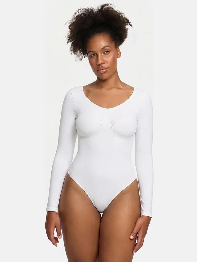 cfab Bodysuit met corrigerende werking, lange mouwen en bijpassend slipje - Wit